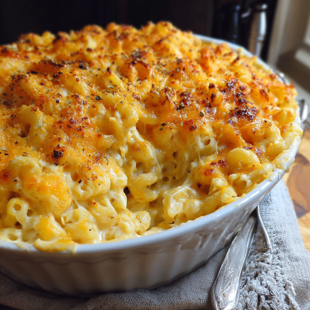 A white bowl filled with macaroni and cheese.