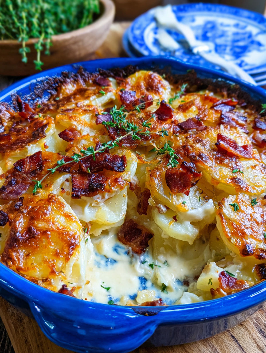 A blue bowl filled with a cheesy dish.
