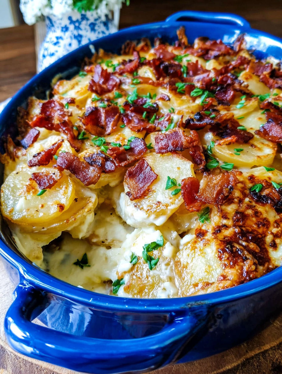 A dish of food with bacon and potatoes.