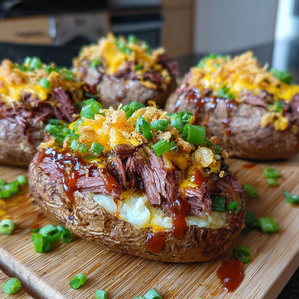 Twice baked potatoes with brisket and cheese.
