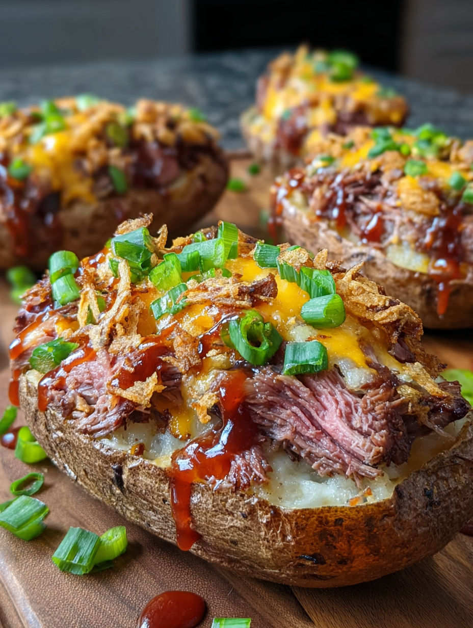 A close up of a loaded potato with cheese and sauce.