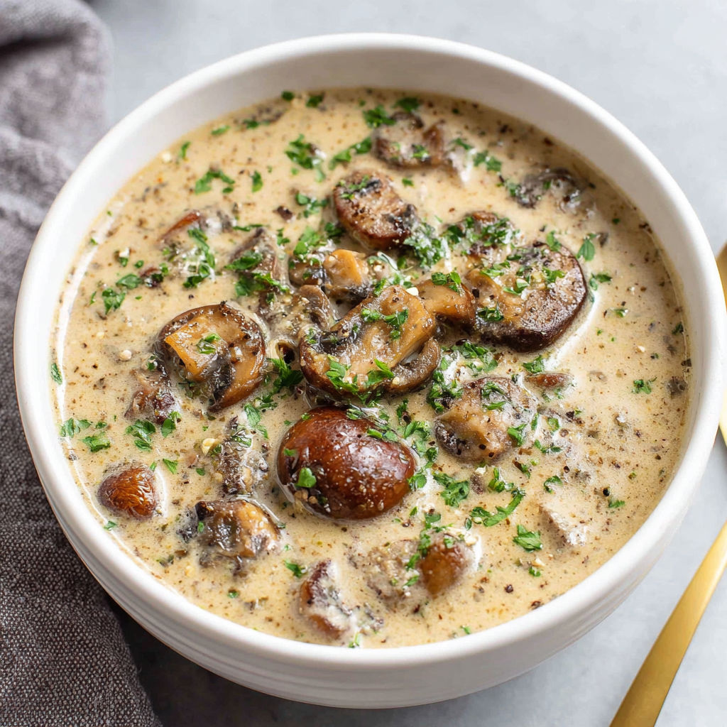 A bowl of cream of mushroom soup.