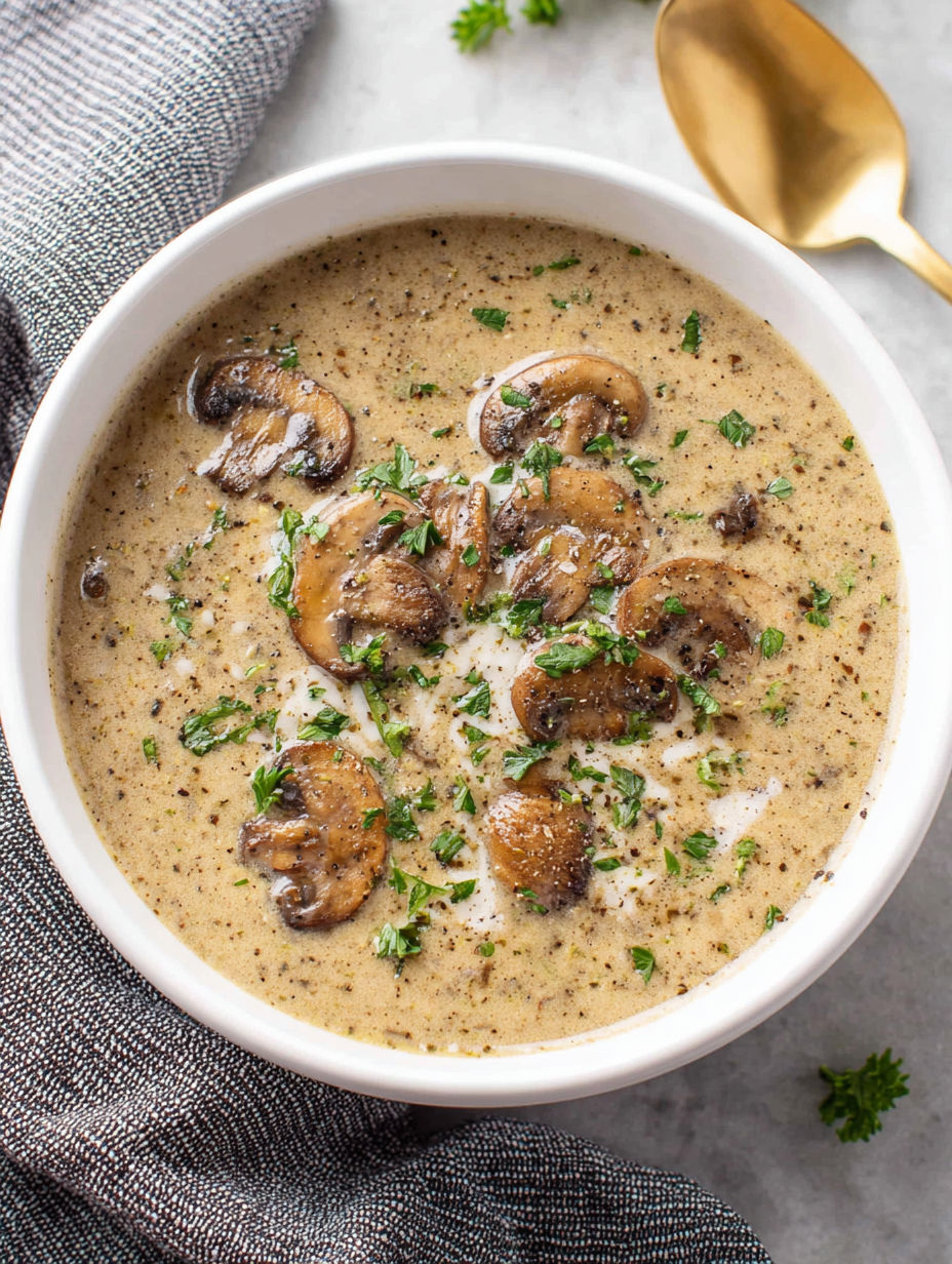 A bowl of soup with mushrooms and herbs.