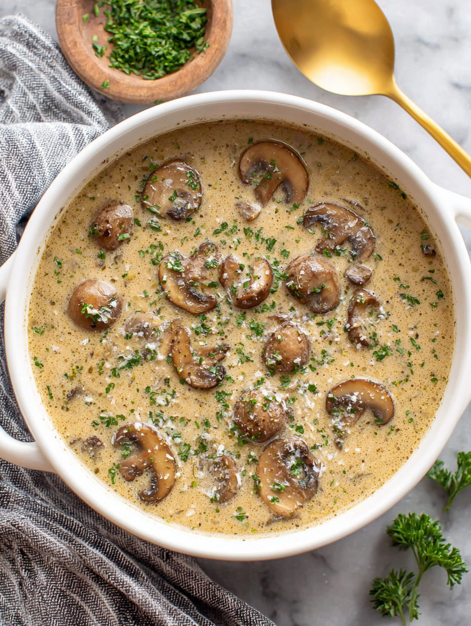 A bowl of soup with mushrooms and herbs.