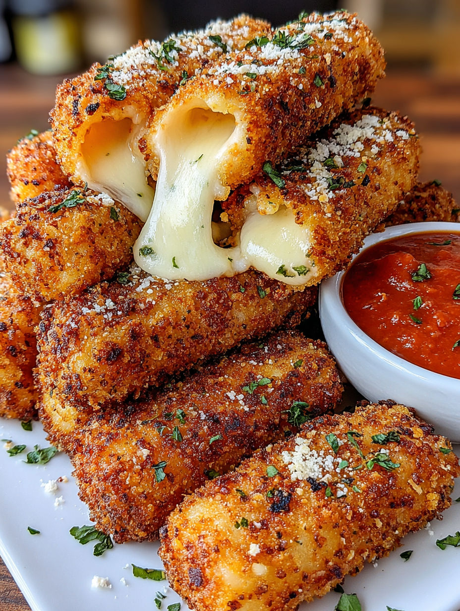 A stack of cheese sticks with a bowl of marinara sauce.