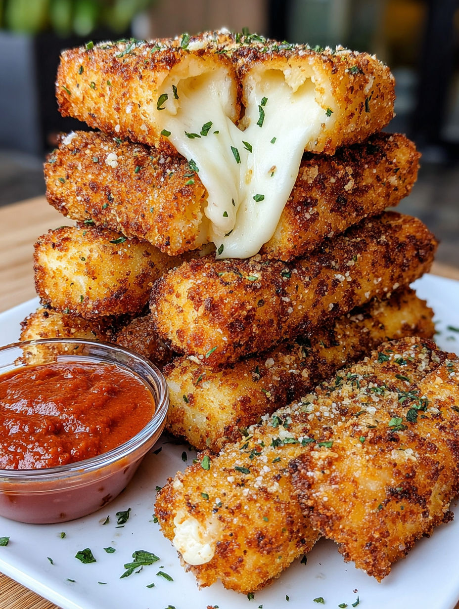 A stack of breaded food with cheese on top.