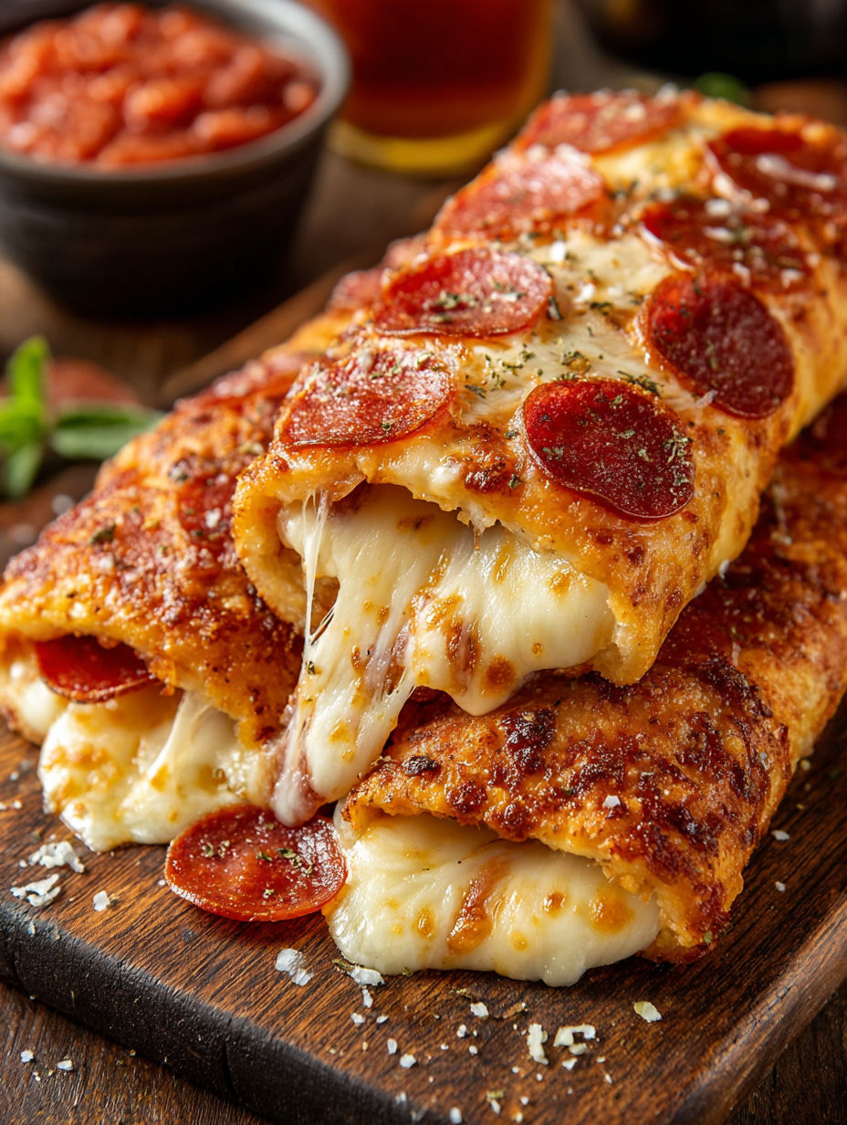 A pizza with pepperoni and cheese on a wooden cutting board.