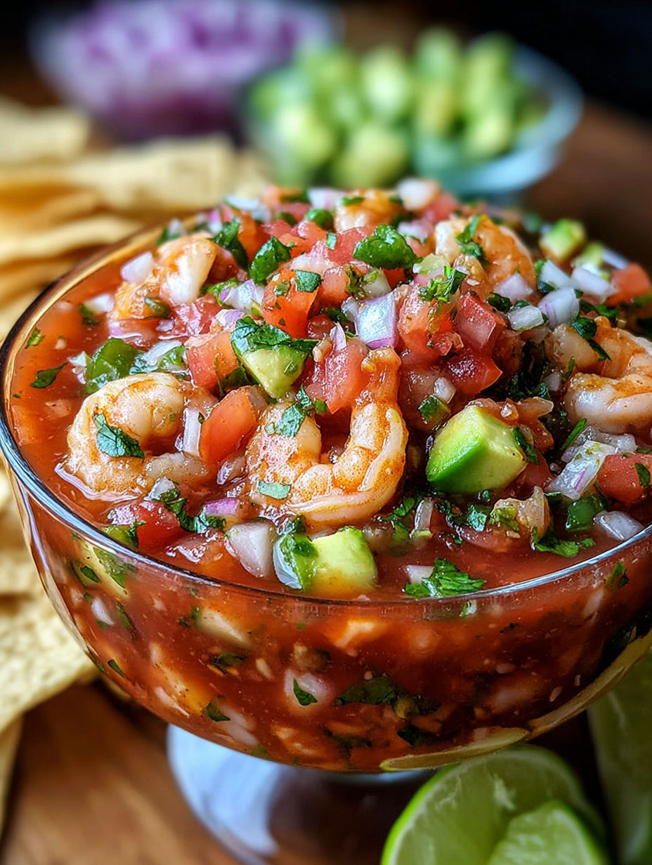 A bowl of shrimp cocktail with a zesty style.