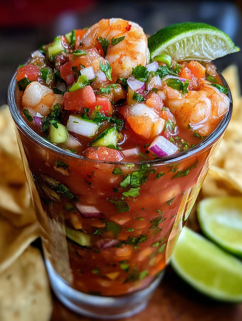 A glass of shrimp cocktail with a lime wedge on top.