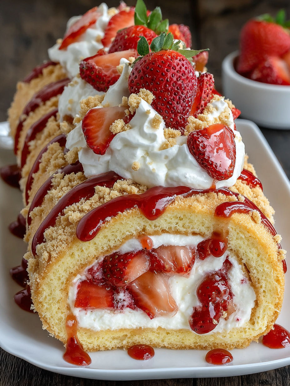 A dessert roll with strawberries and whipped cream.