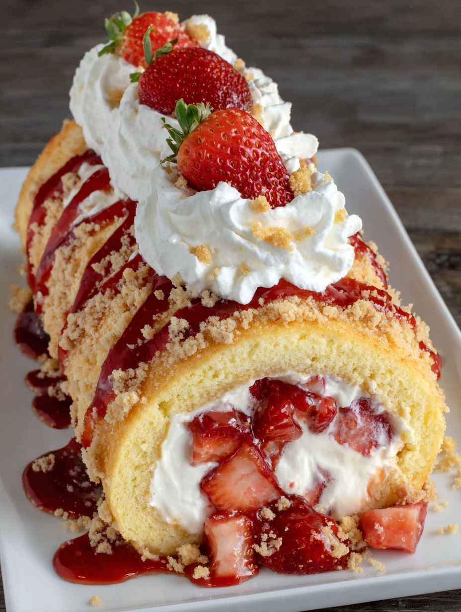 A dessert roll with strawberries and whipped cream.