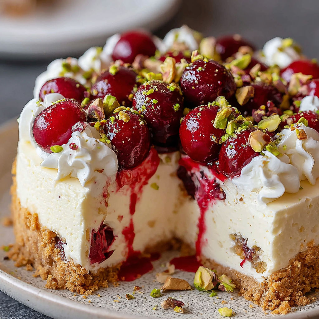 A slice of cake with cherries and pistachios.
