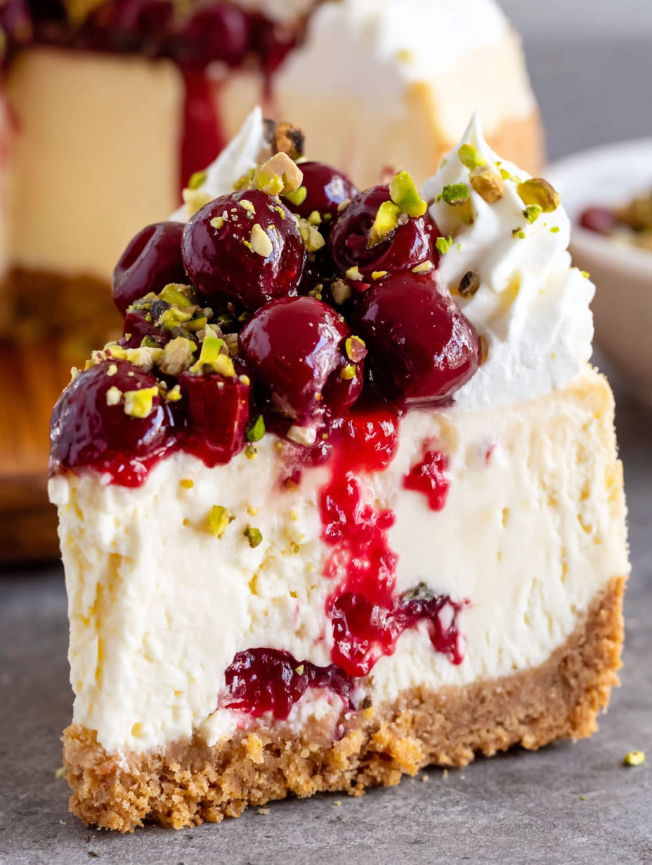 A slice of cheesecake with cherries on top.