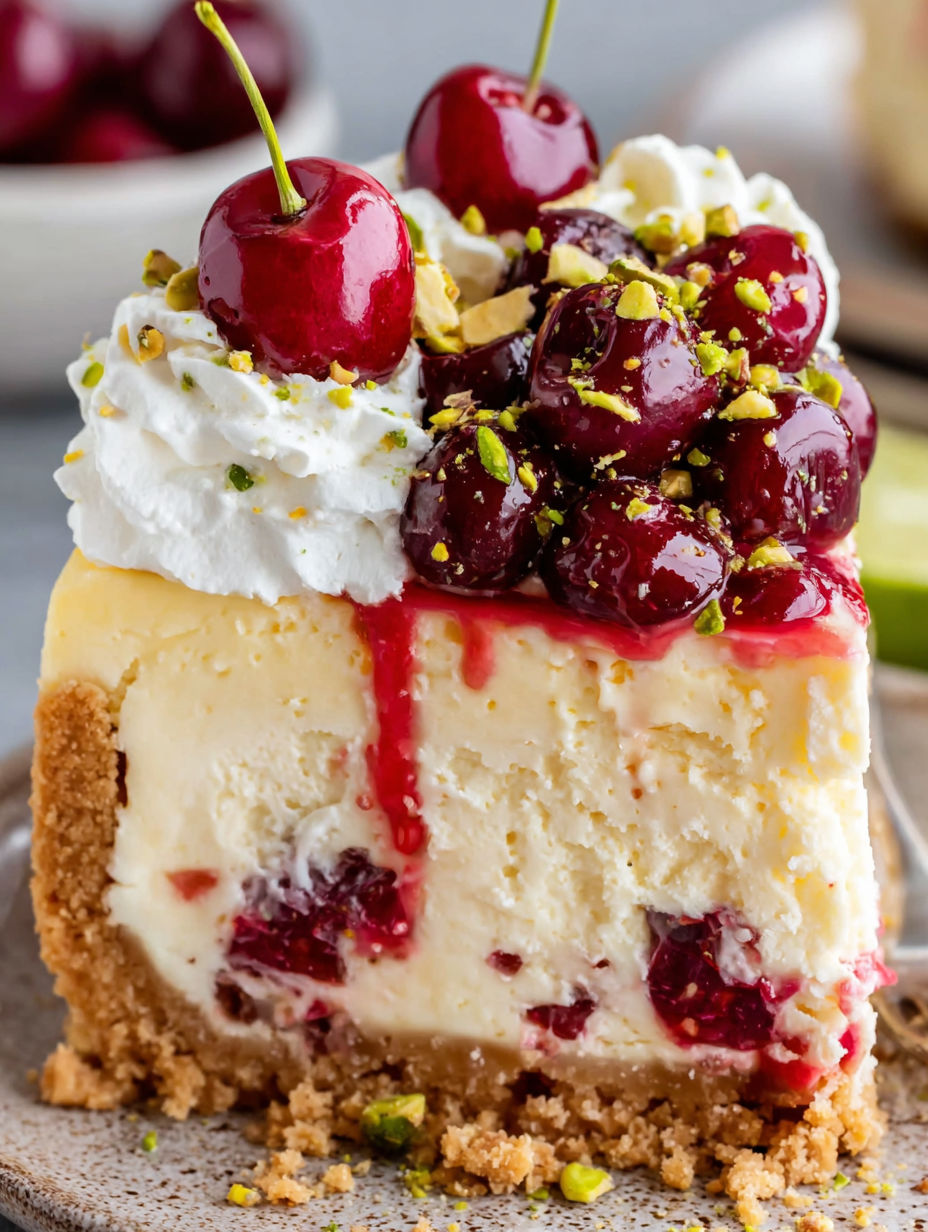 A slice of cheesecake with cherries on top.