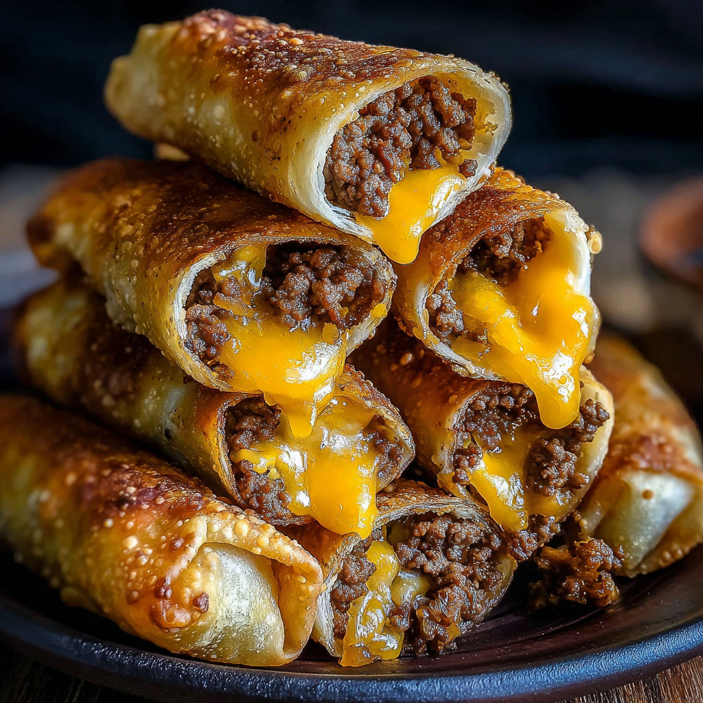 A stack of cheeseburger egg rolls.