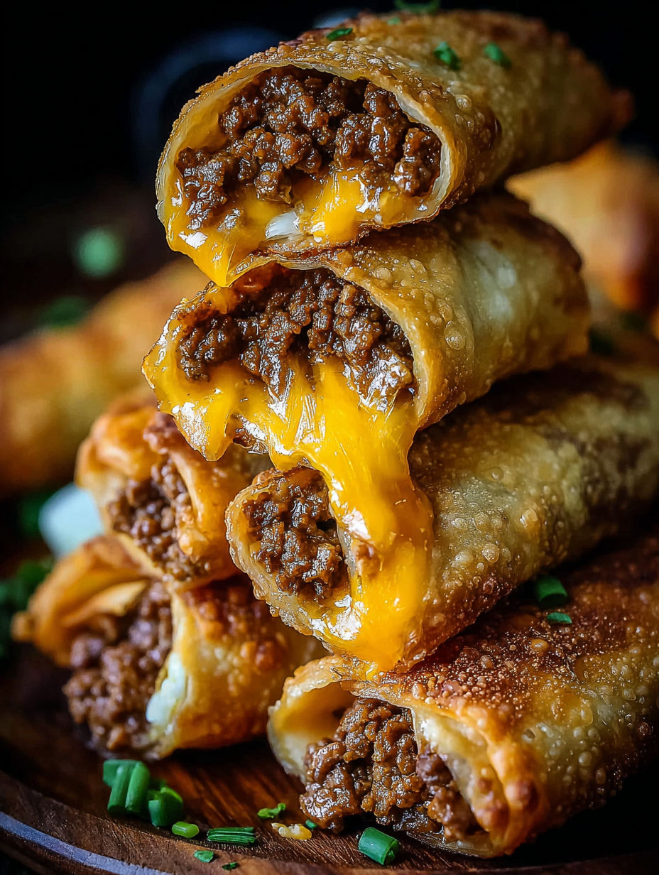 Cheeseburger Egg Rolls stacked on a table.