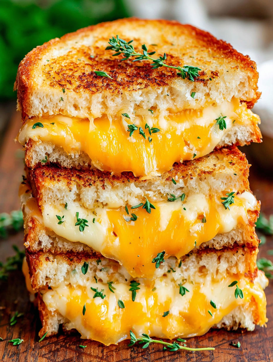 Three grilled cheese sandwiches stacked on top of each other.