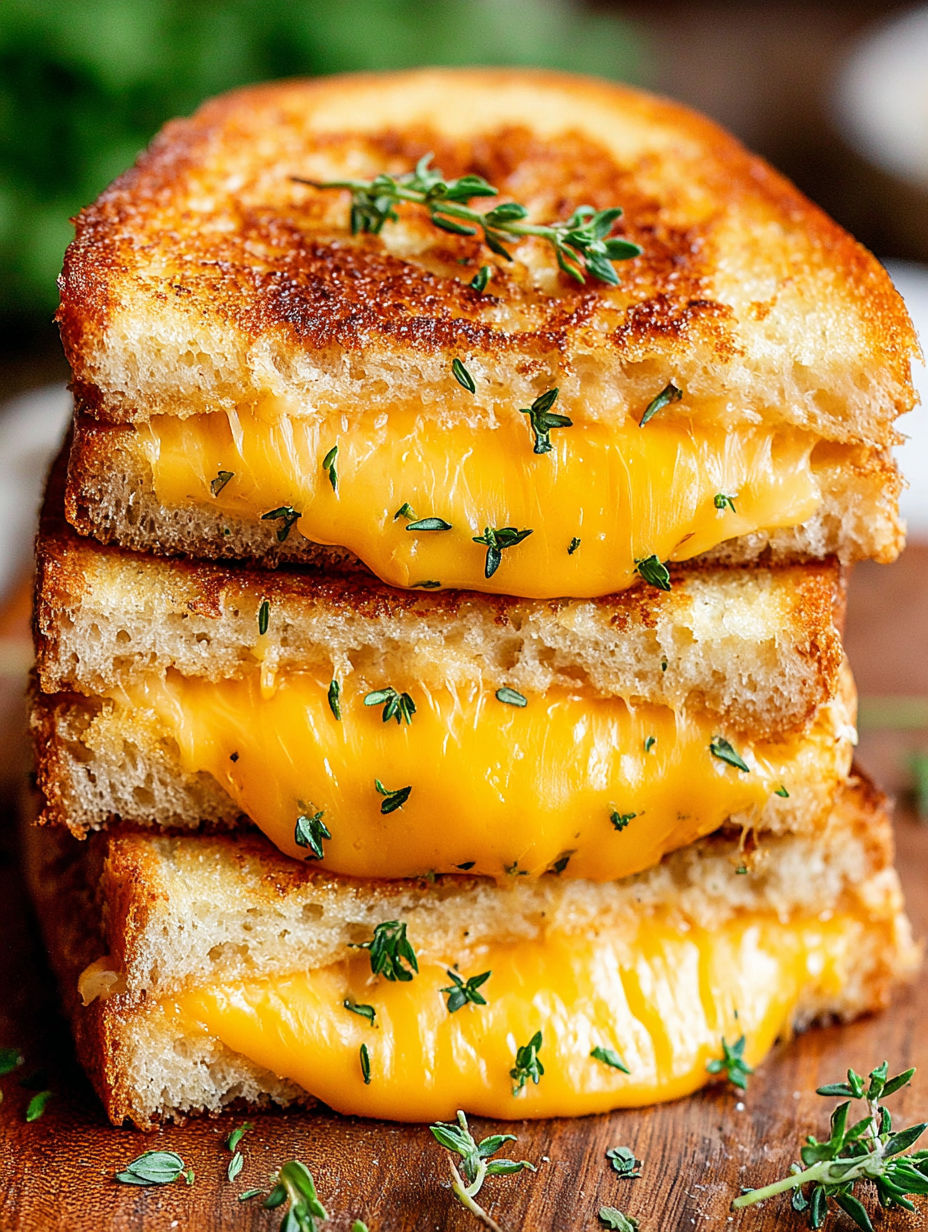 A stack of grilled cheese sandwiches with herbs on top.