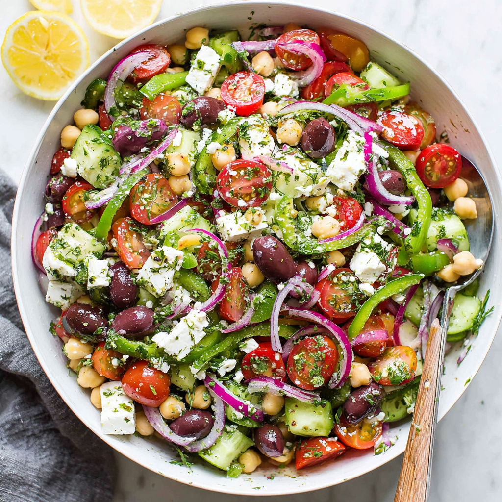 A large bowl of Greek salad with tomatoes, cucumbers, olives, and feta cheese.