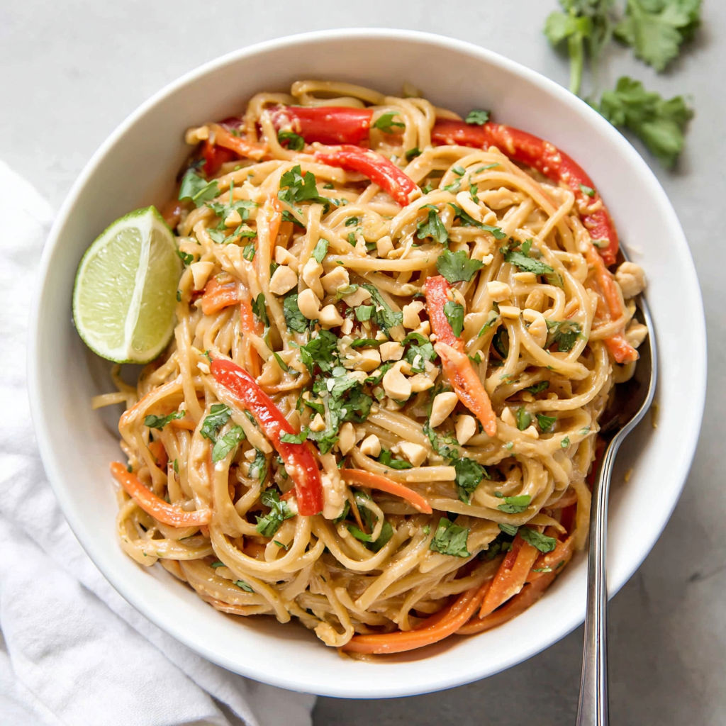 A bowl of noodles with peanut butter and vegetables.