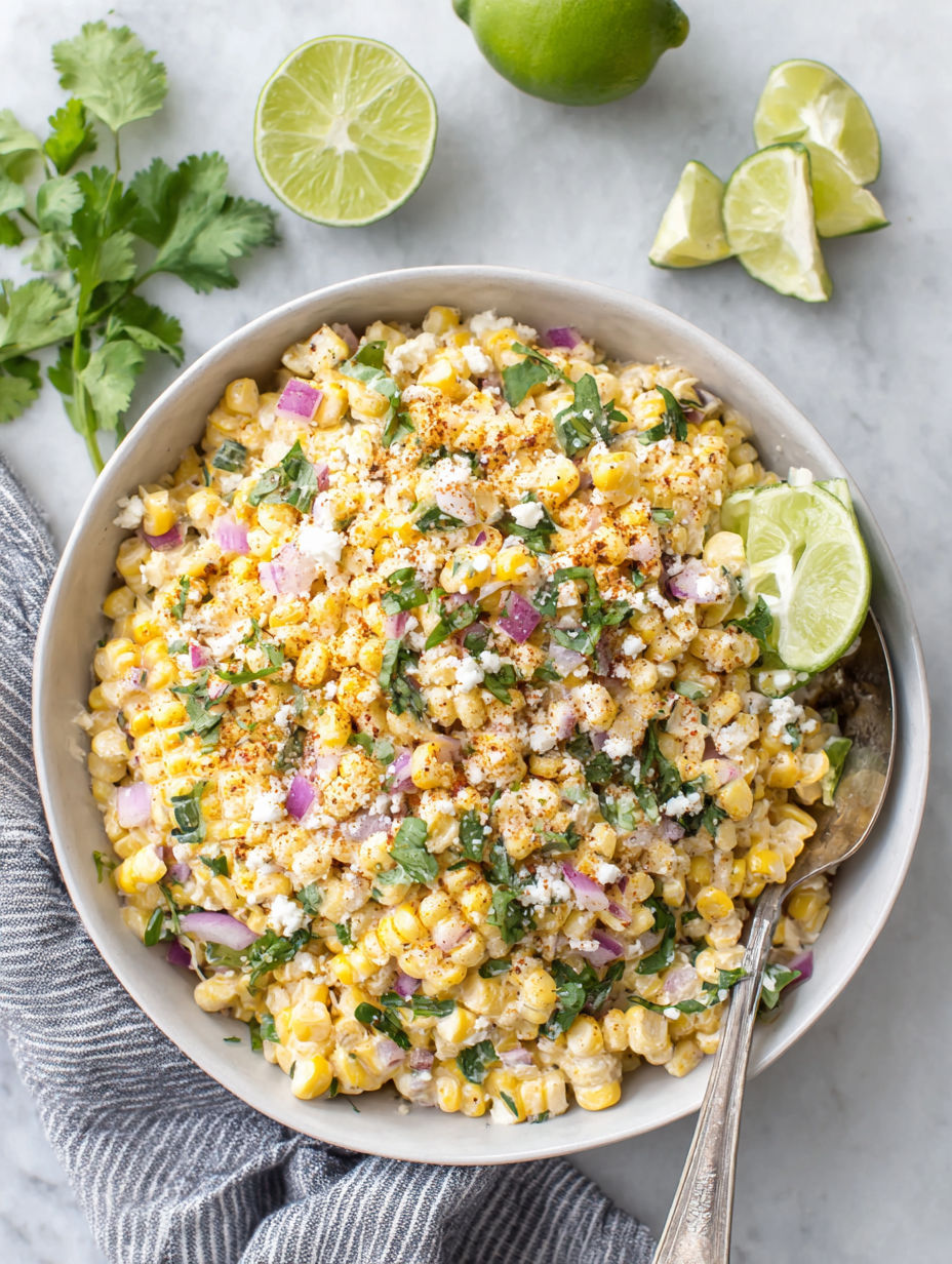 A bowl of food with corn, onions, and lime.