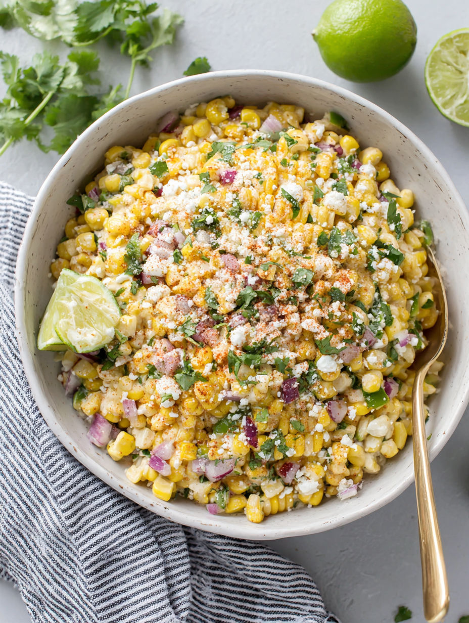 A bowl of food with corn and cheese.