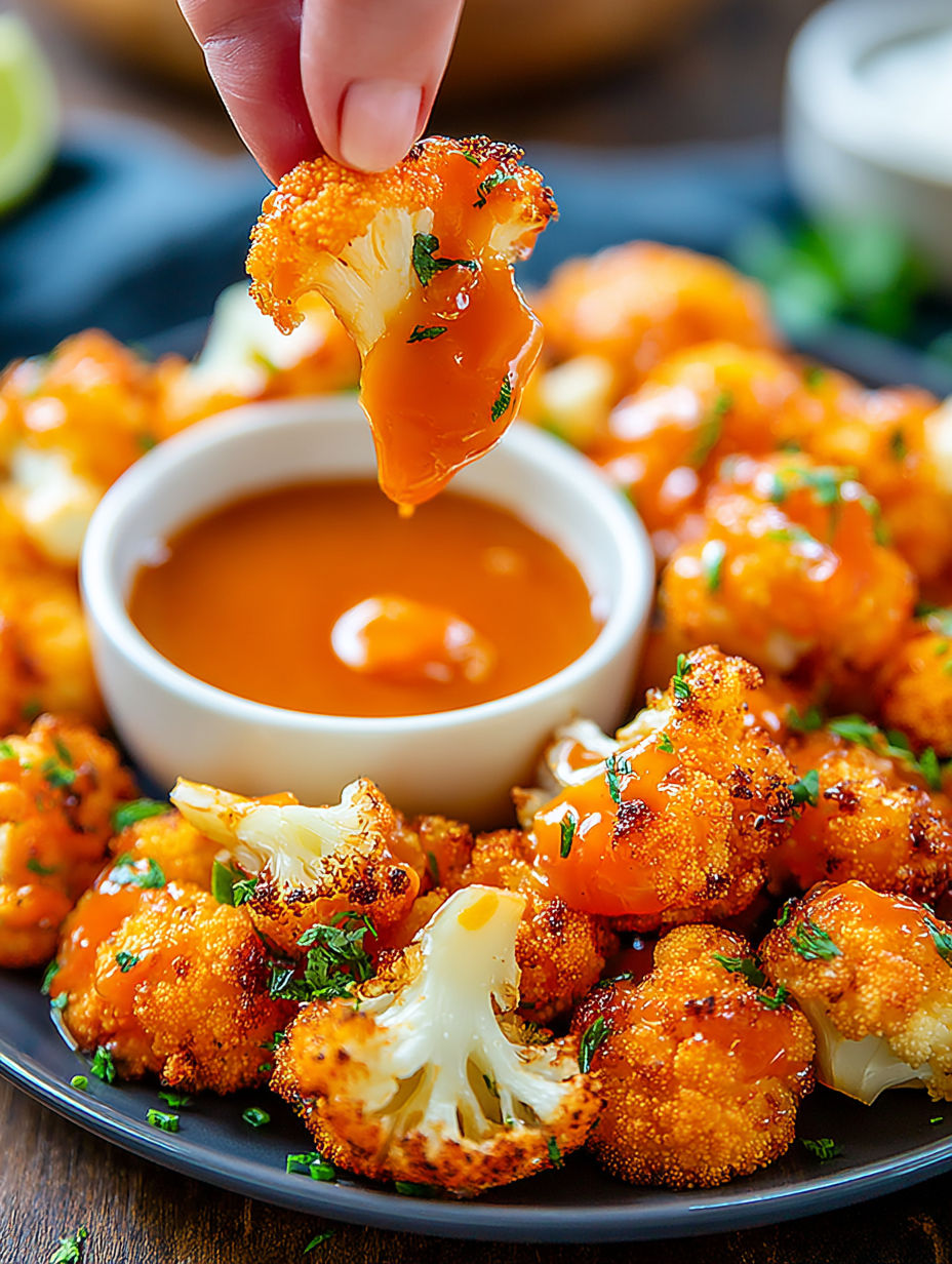 A bowl of cauliflower with a dipping sauce.
