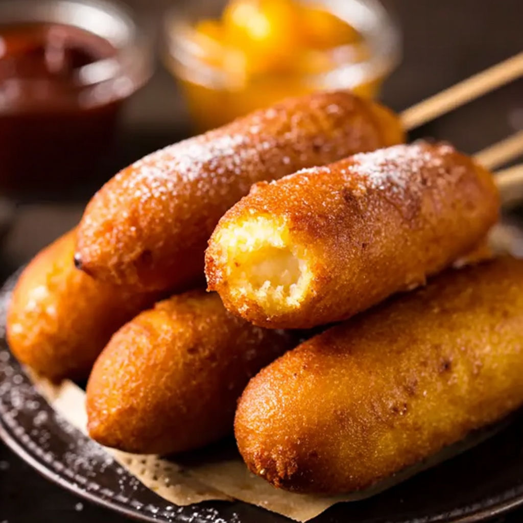 A plate of corn dogs with a stick.