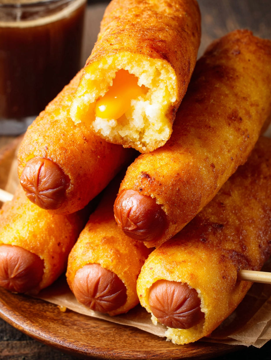 A plate of corn dogs with a stick in them.