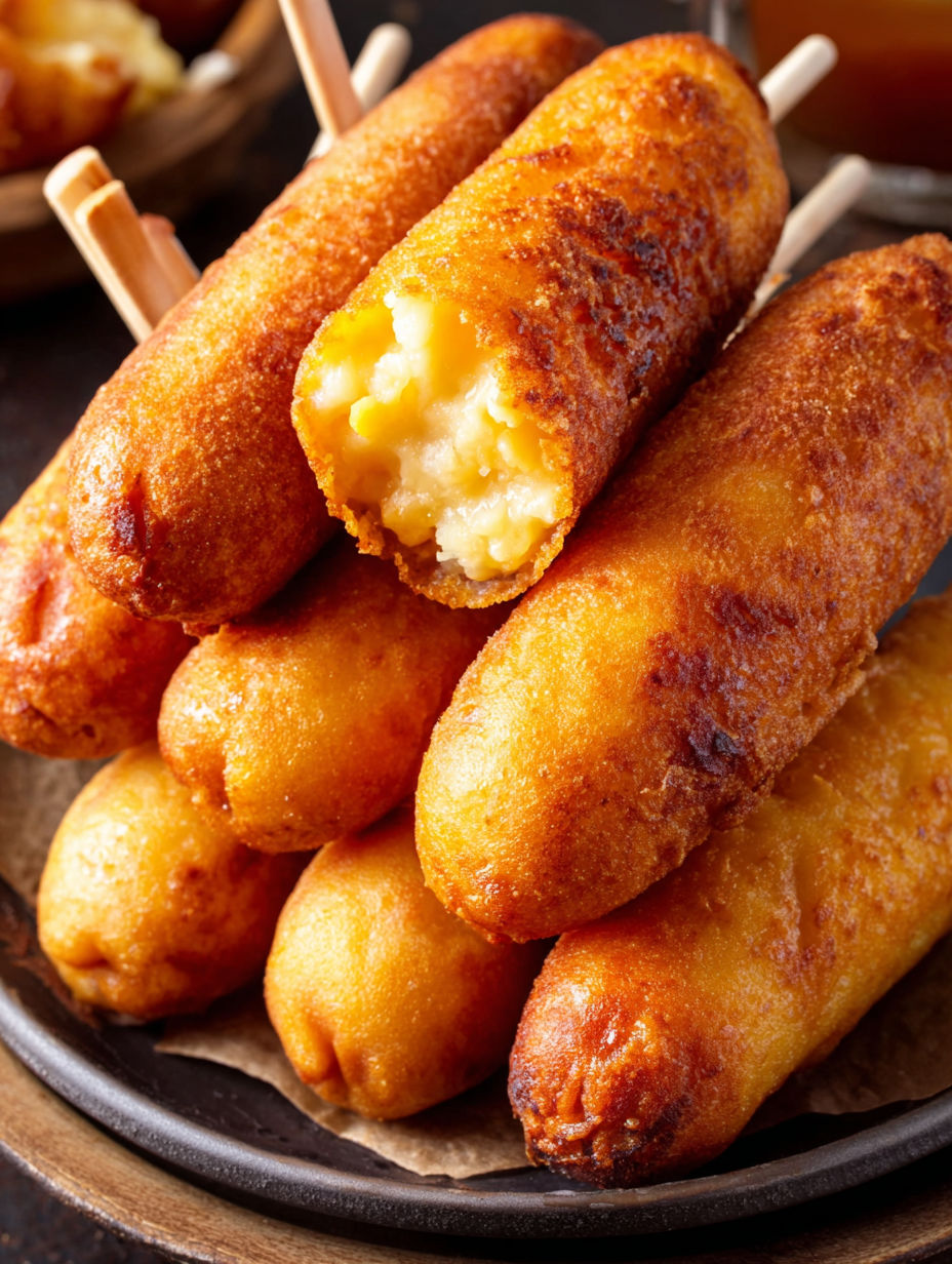 A stack of corn dogs on a plate.