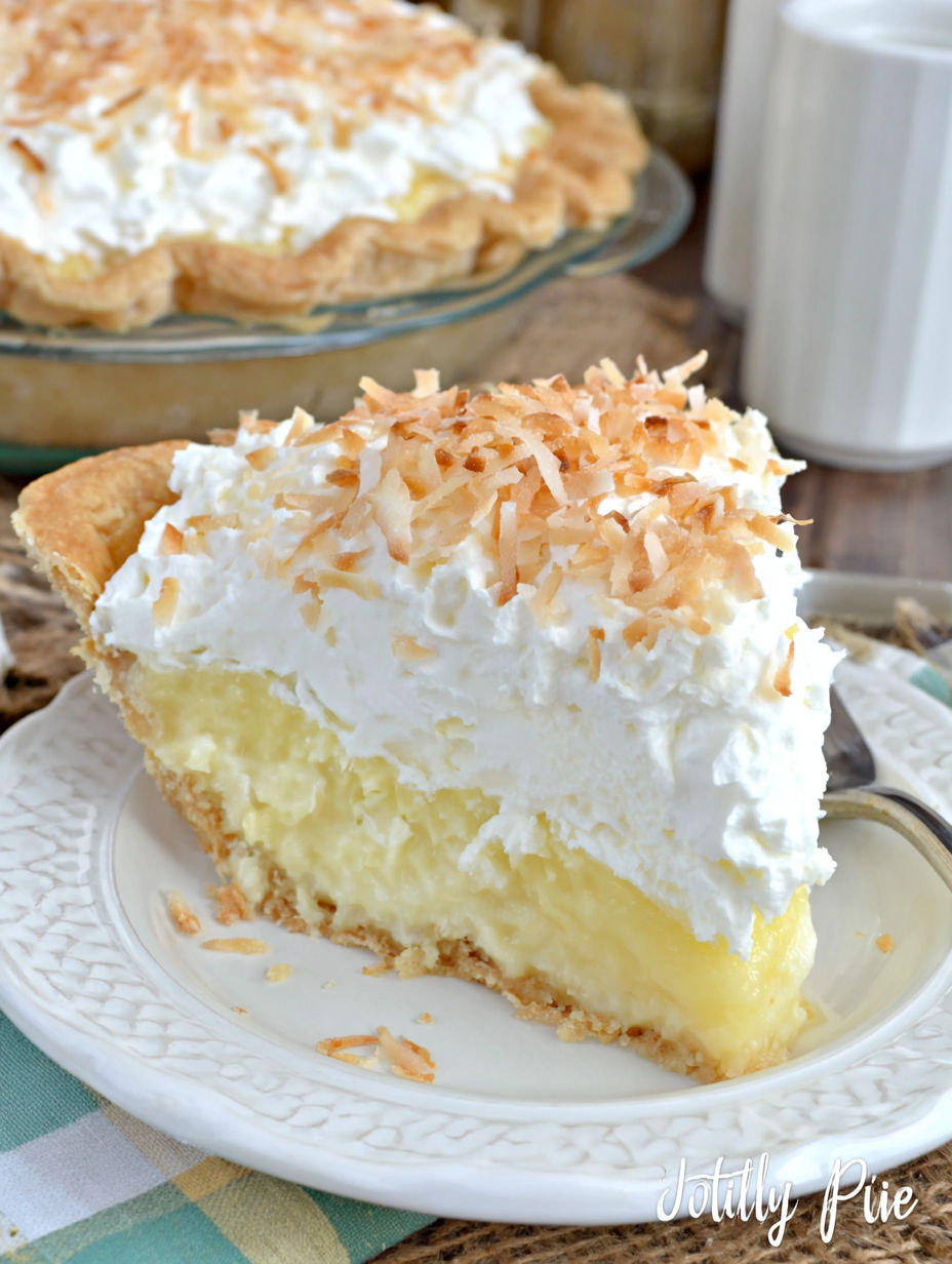 A slice of pie with coconut on top.
