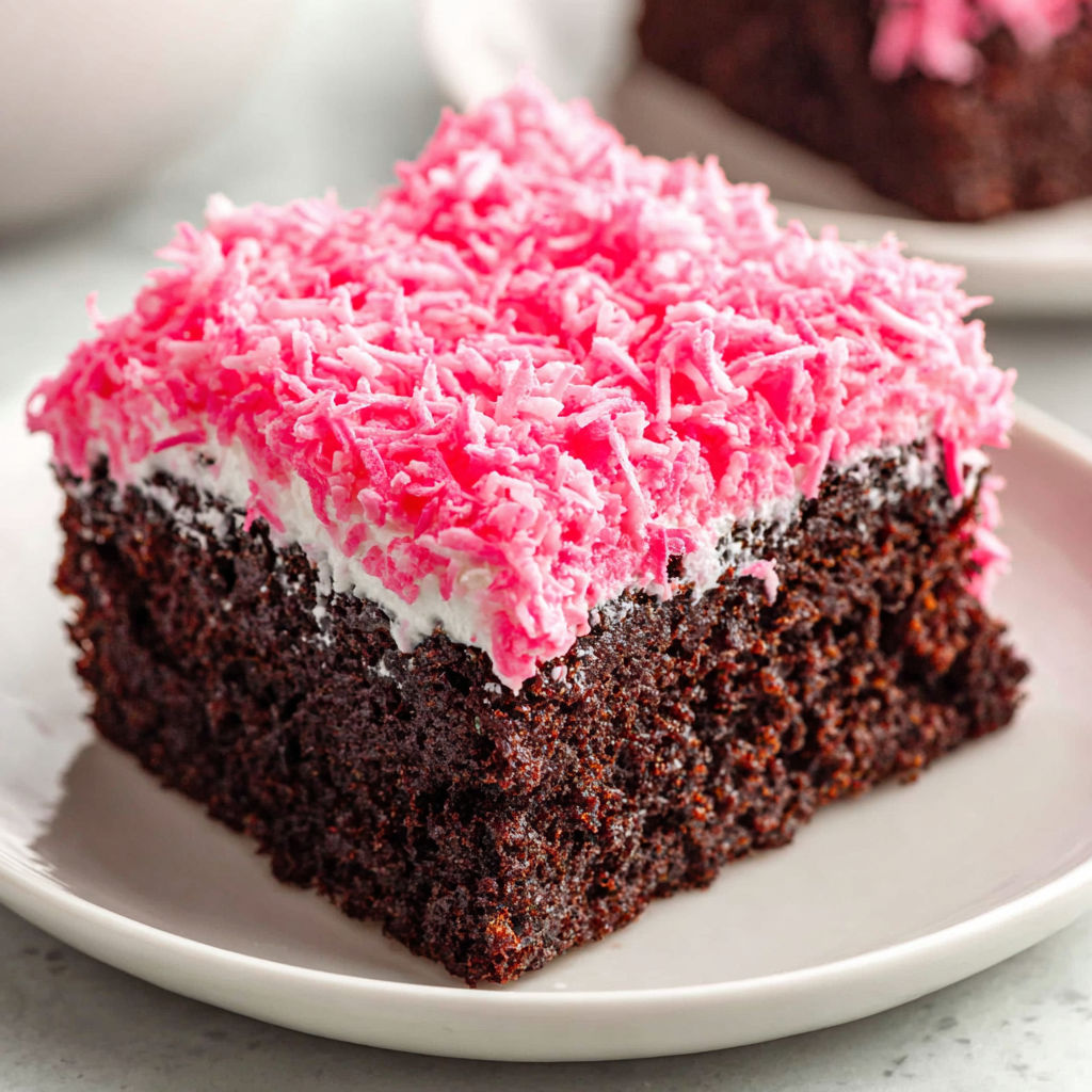 A slice of pink and brown cake with white frosting.
