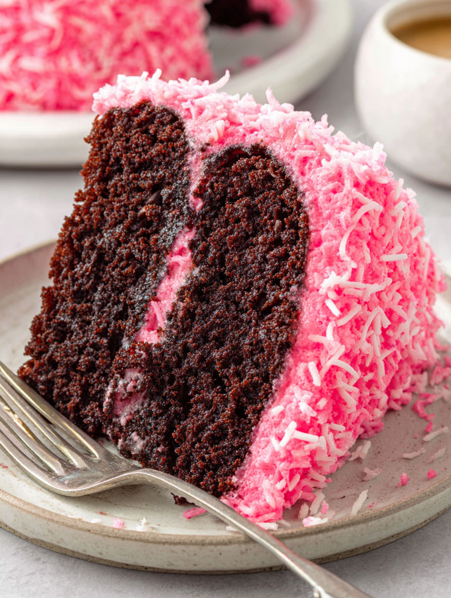 A slice of pink and brown cake with a fork on a plate.