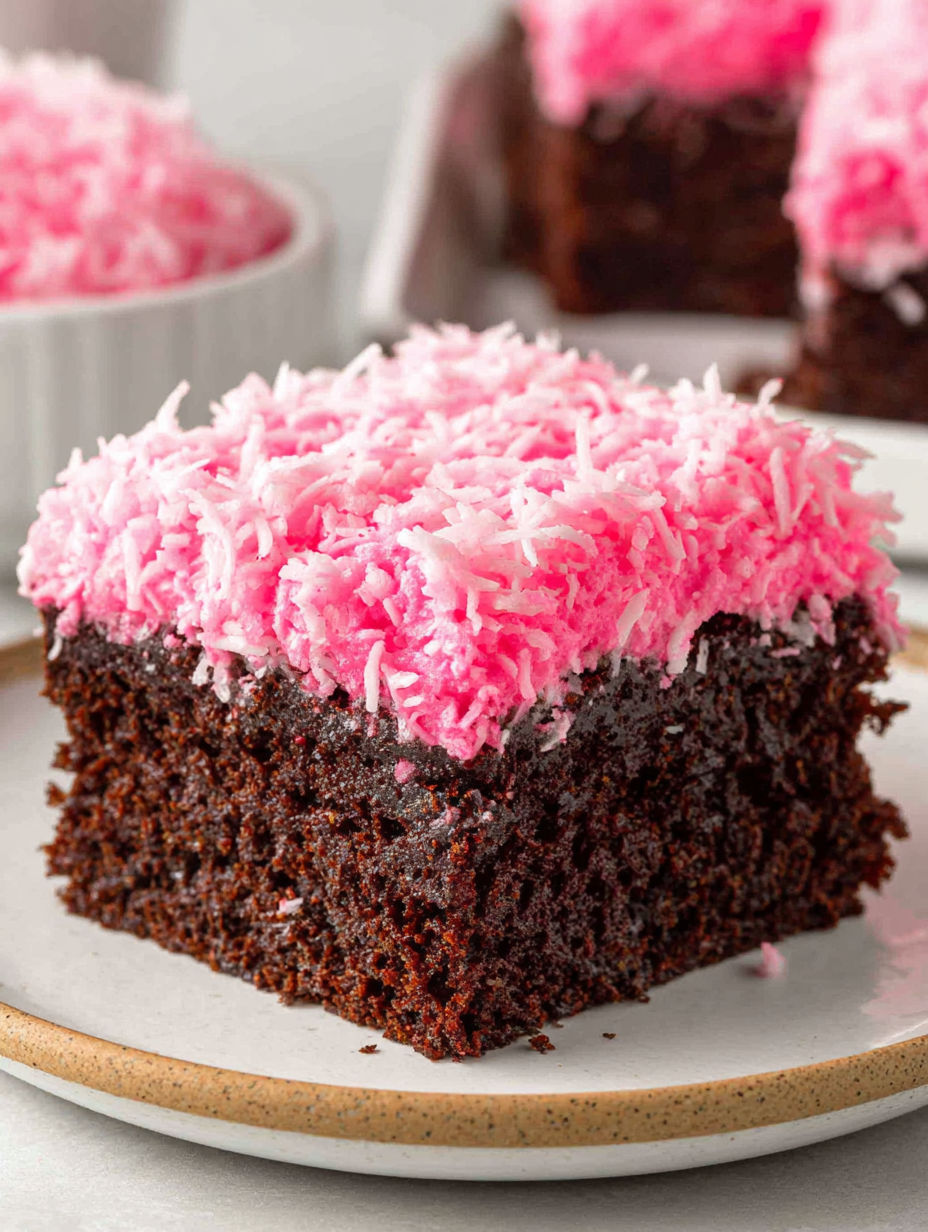 A slice of a cake with pink and brown frosting.