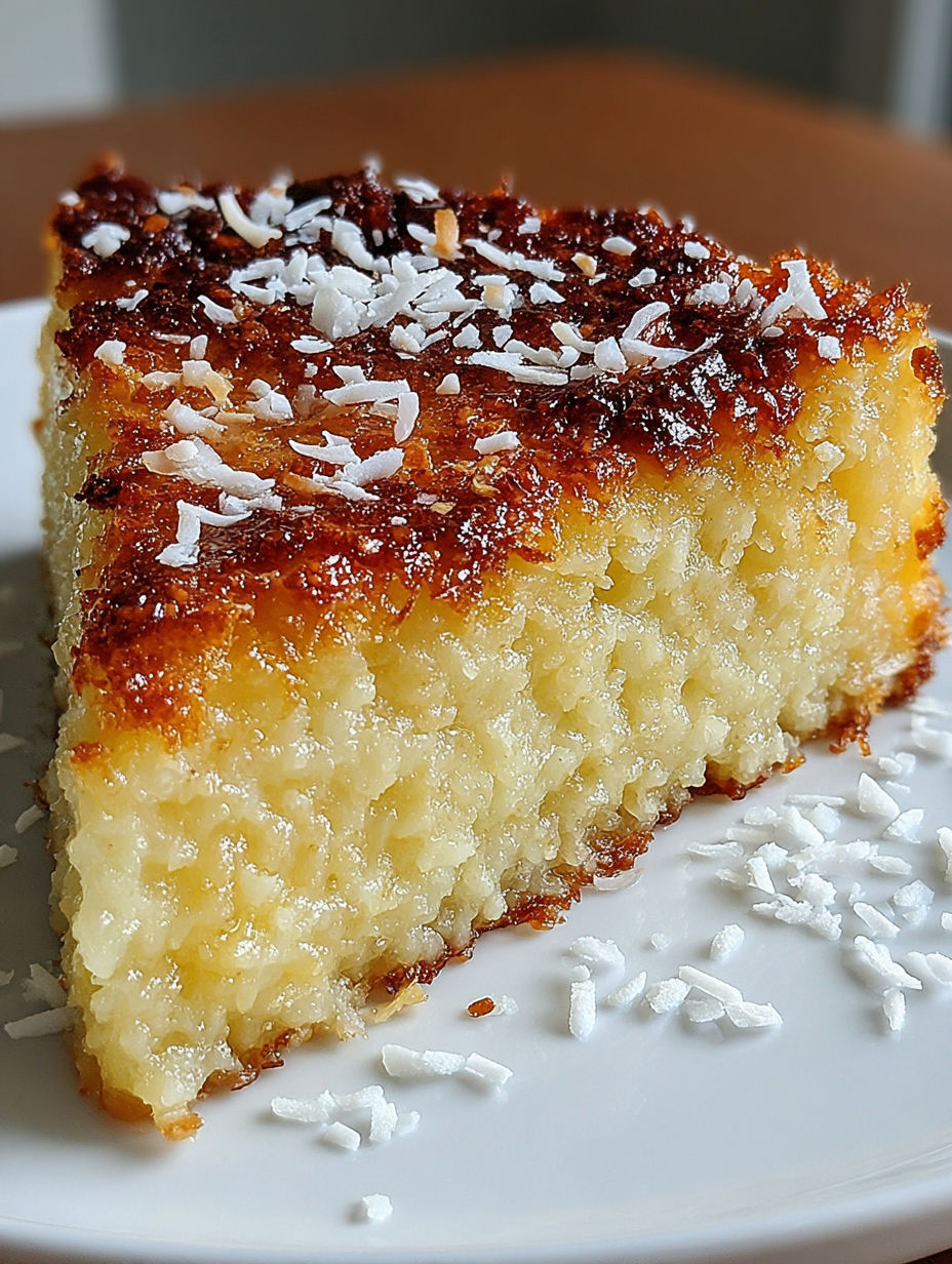 A slice of crustless coconut pie dessert.