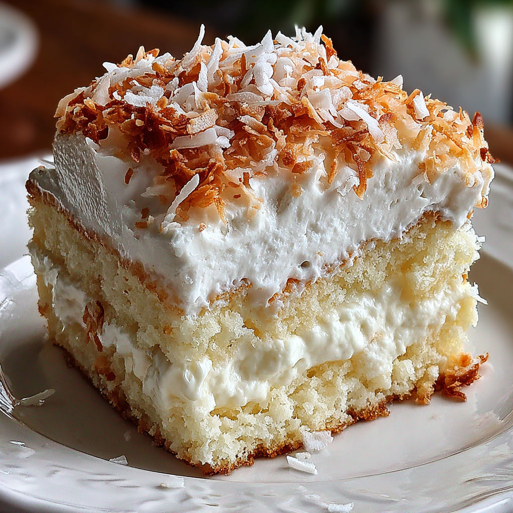 A slice of coconut cloud cake on a plate.