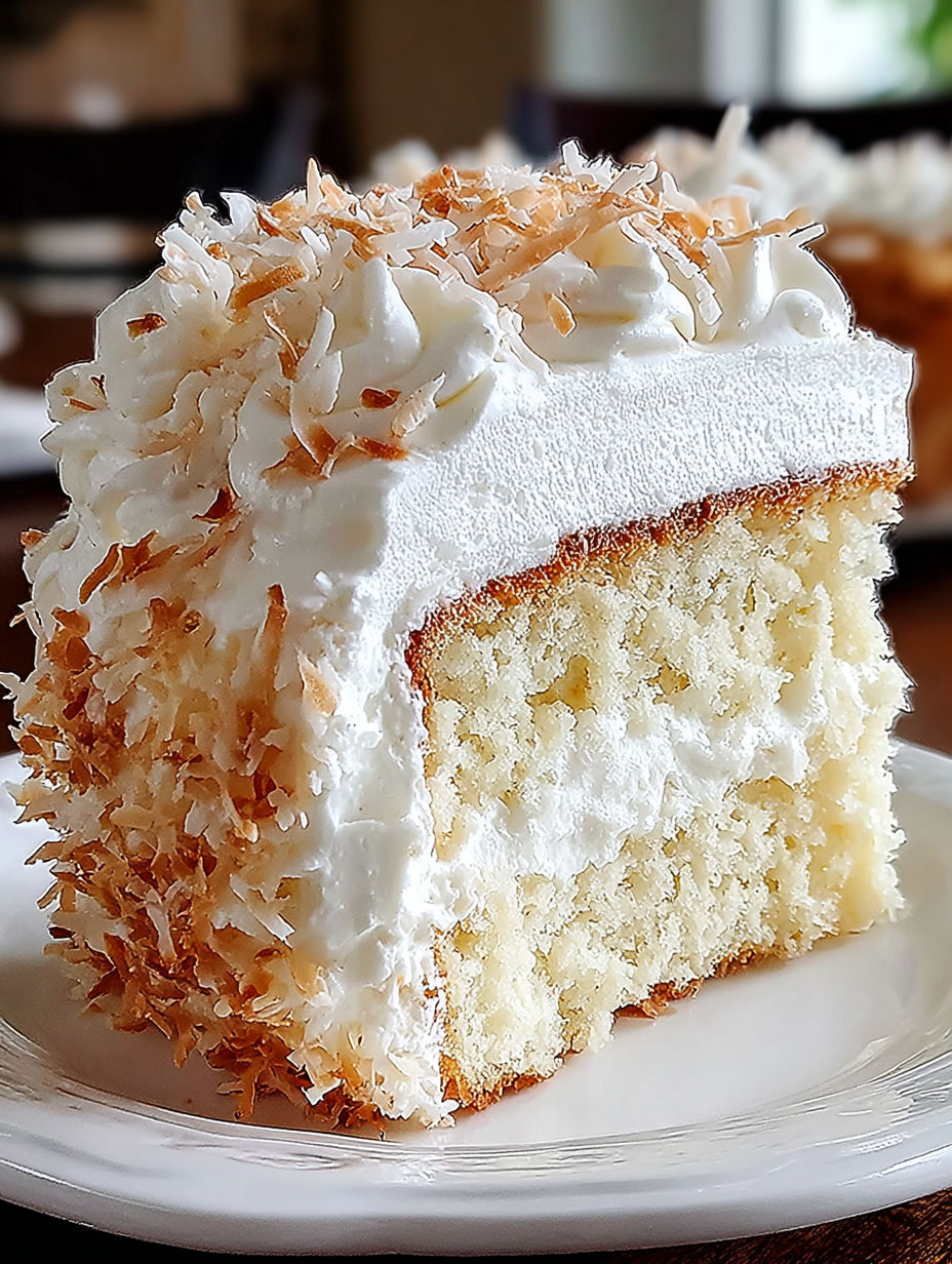 A slice of coconut cloud cake on a plate.