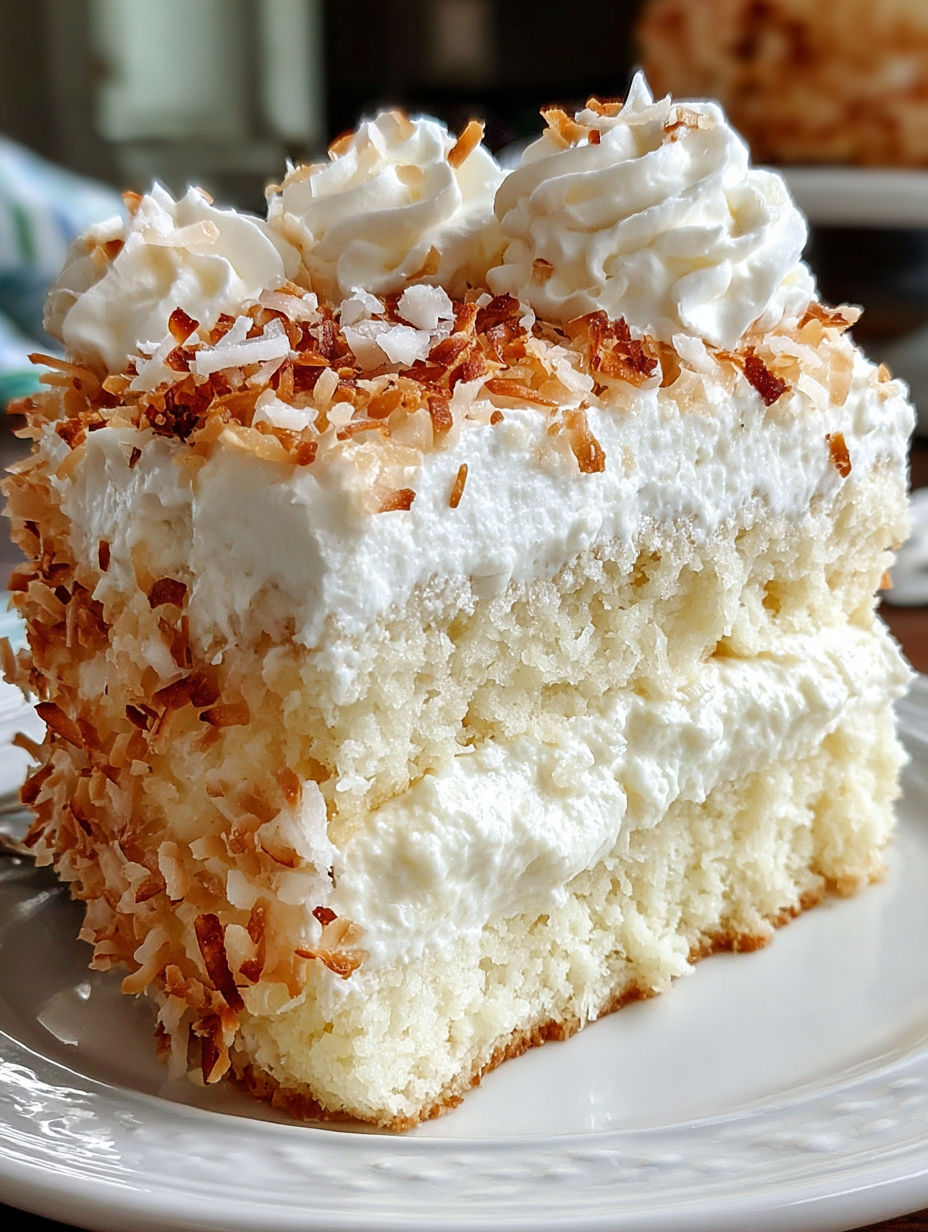 A slice of coconut cloud cake on a plate.