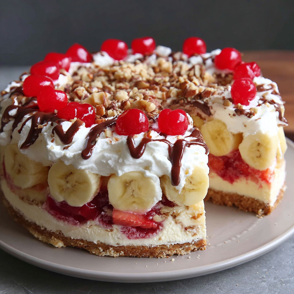 A slice of a layered banana split cake.