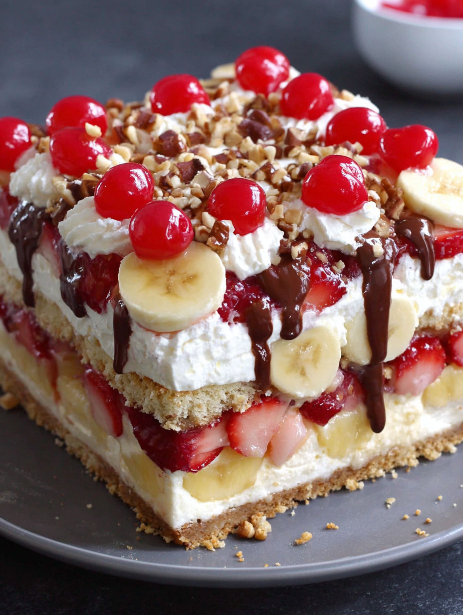 A slice of a layered cake with bananas and strawberries.