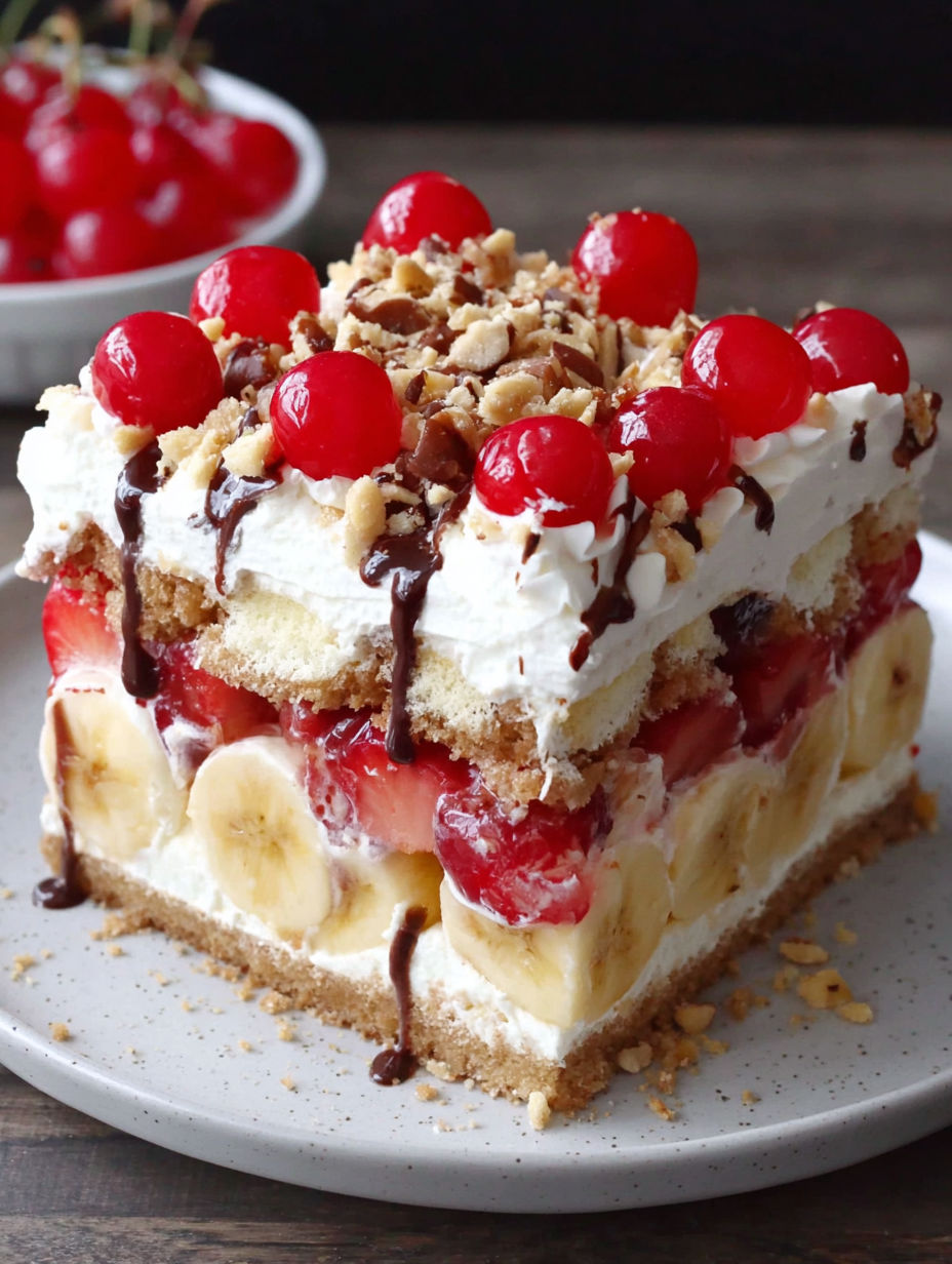 A slice of a layered banana split cake.