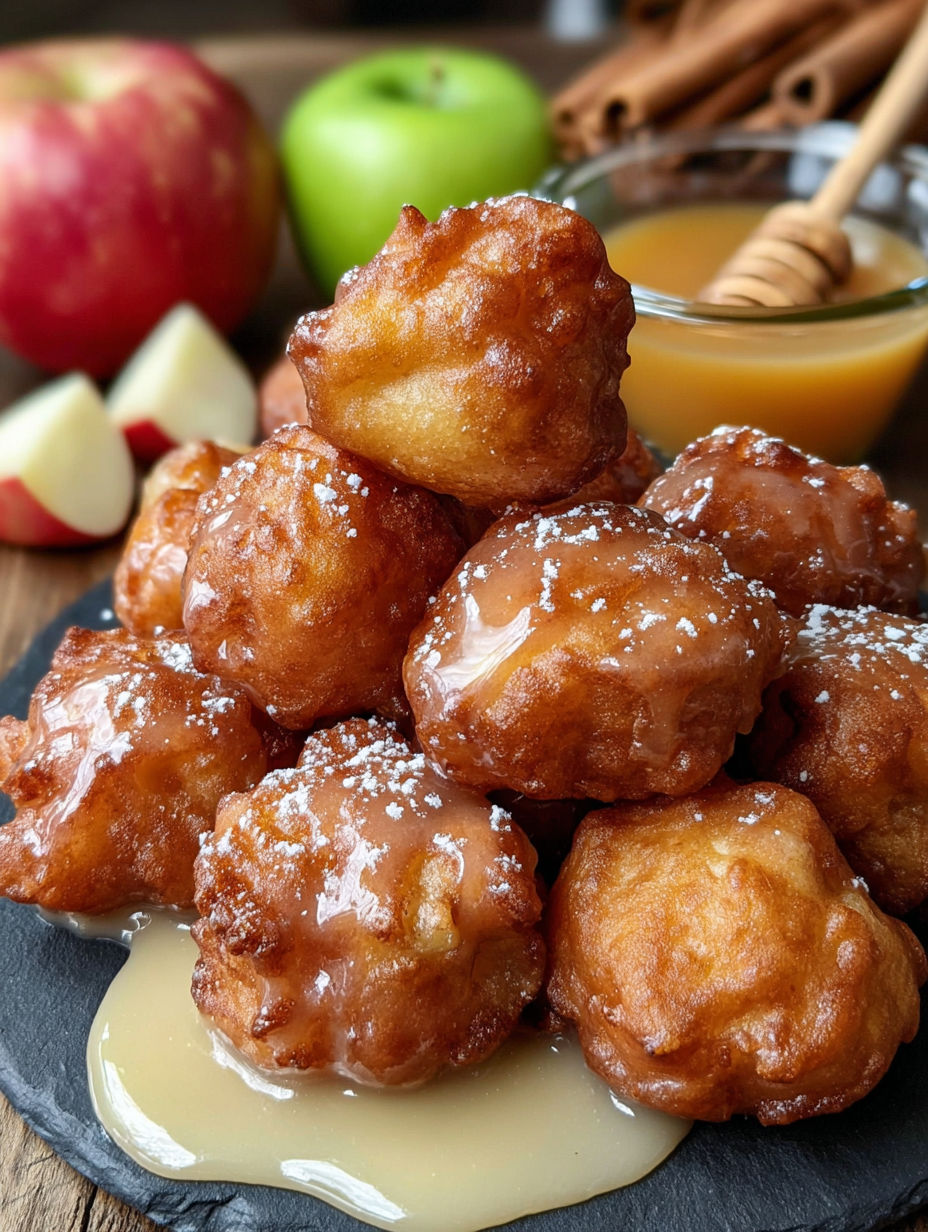 A stack of cinnamon glazed apple fritters.