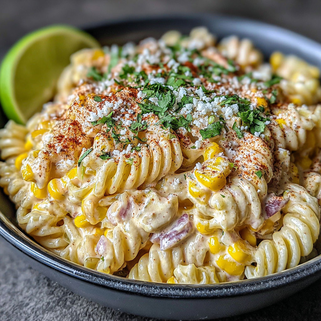 A bowl of Mexican street corn pasta salad.