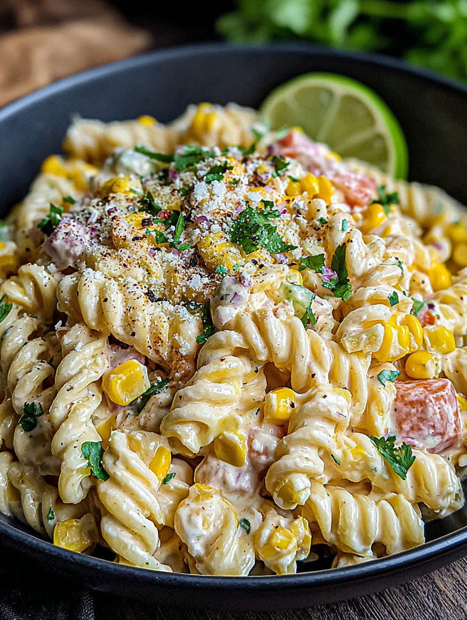 A bowl of Mexican street corn pasta salad.
