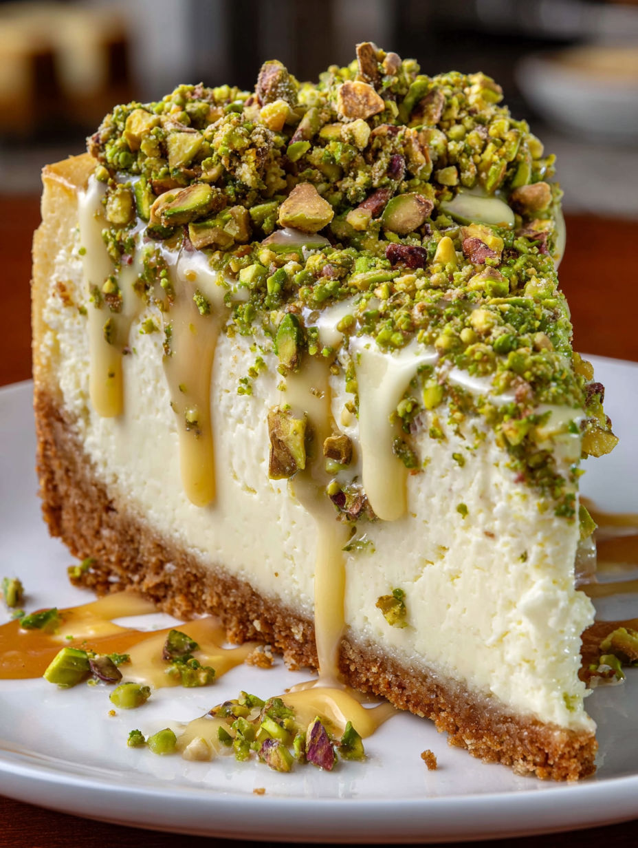 A slice of pistachio cheesecake with toppings.