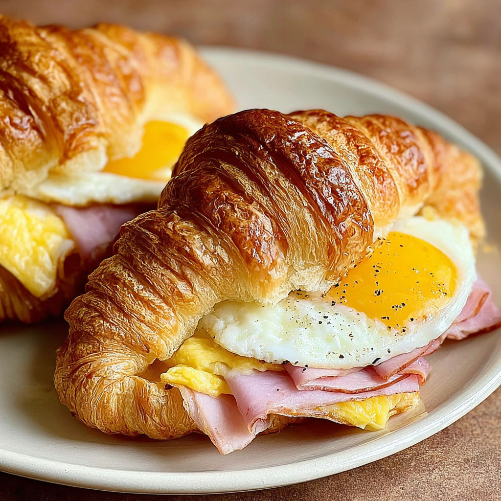 A croissant sandwich with eggs and ham.