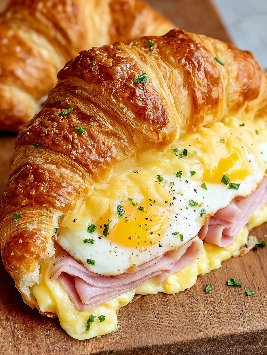 A croissant sandwich with egg and ham.