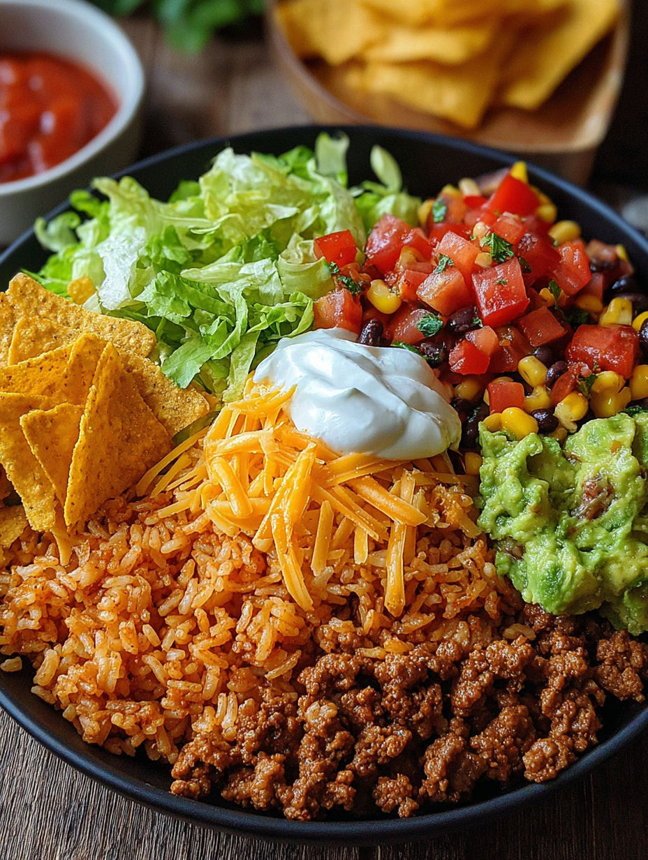 A delicious taco rice bowl with a variety of ingredients.