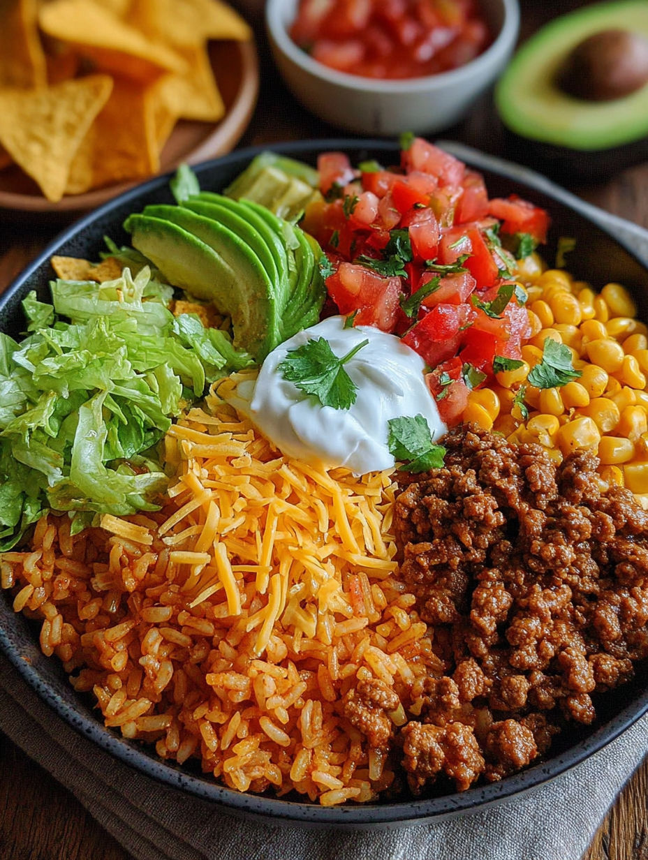 A taco rice bowl with avocado, tomatoes, and cheese.