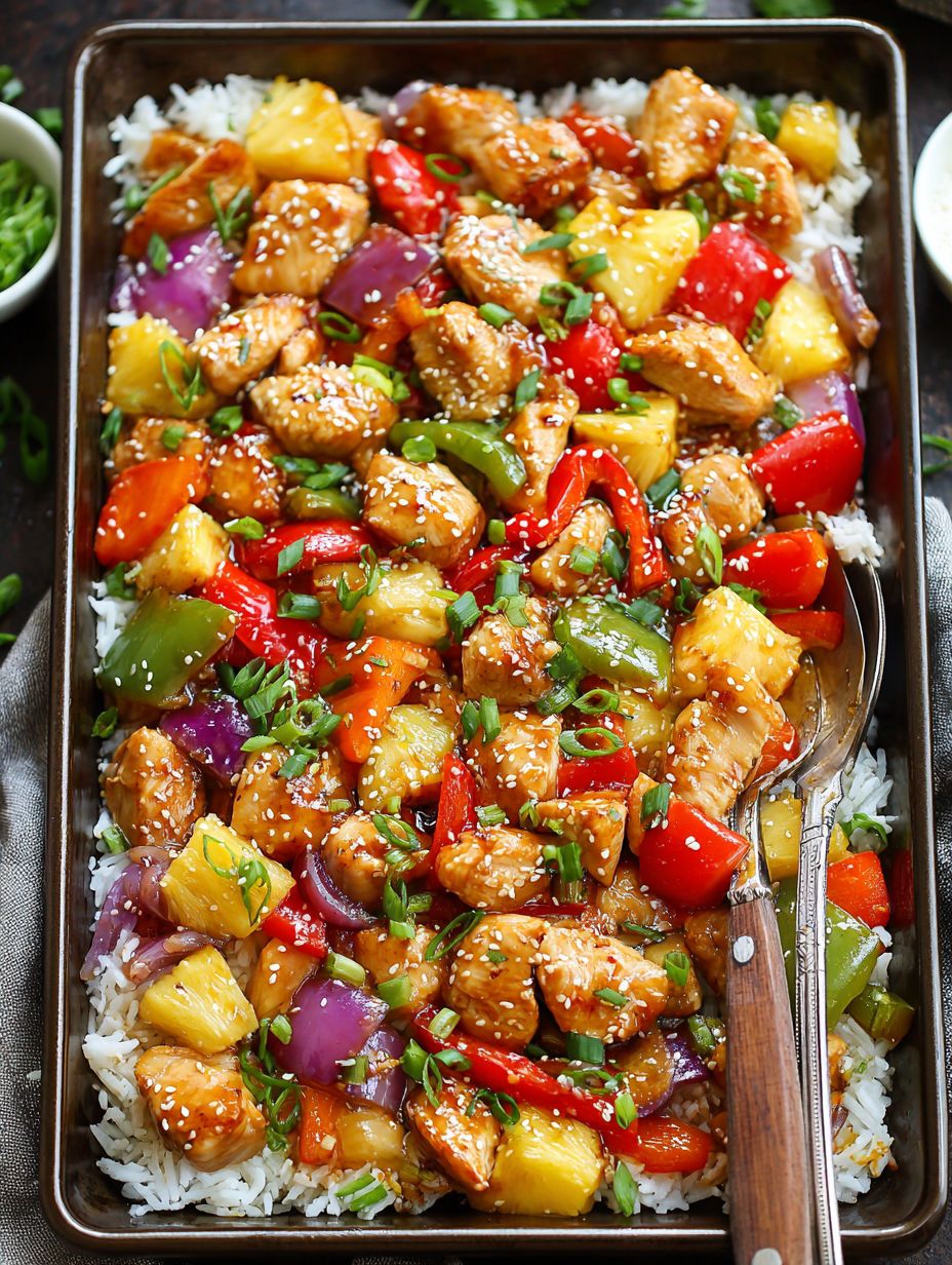A pan of chicken with rice and vegetables.